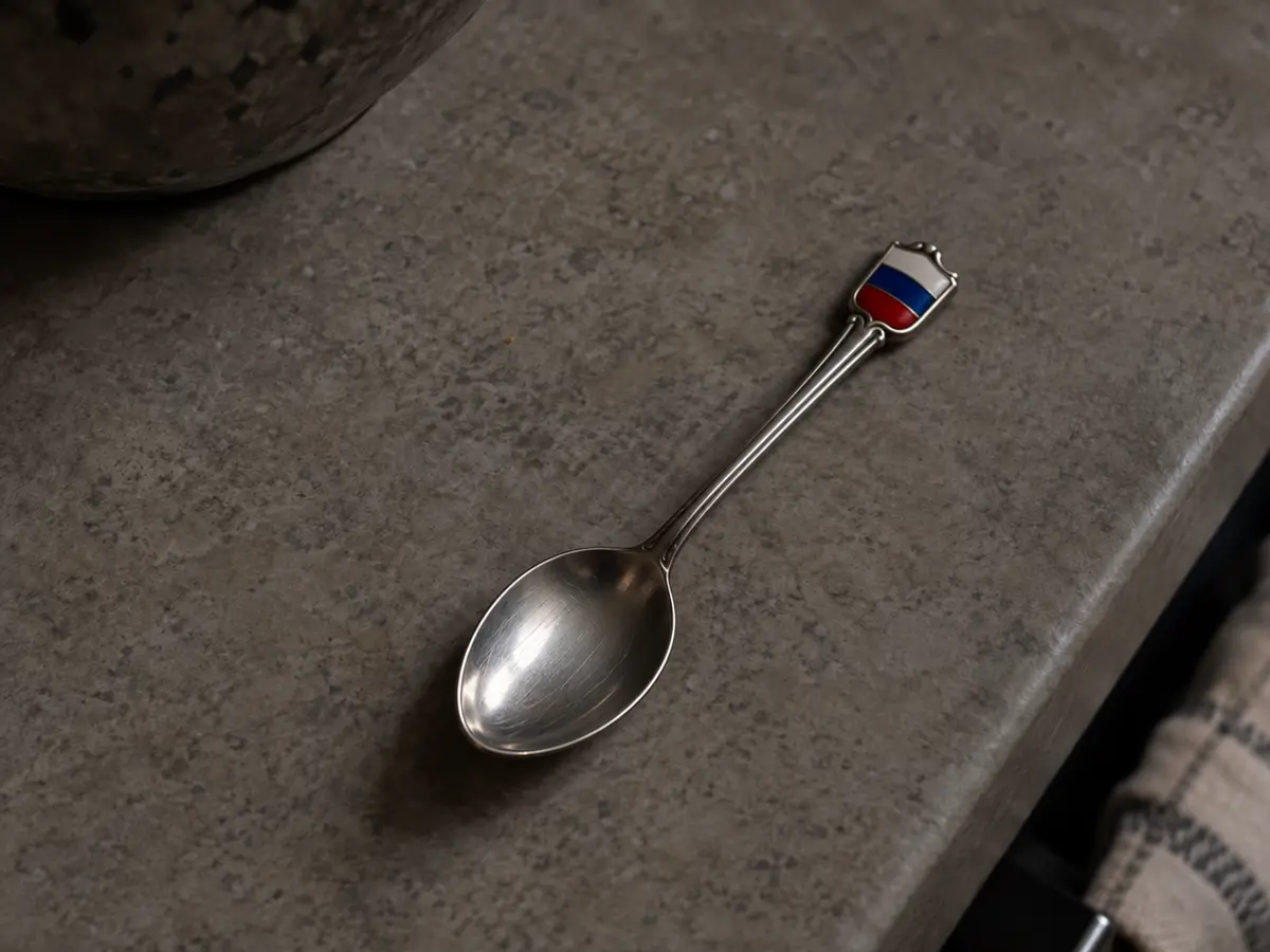 Une petite cuillère russe en inox posée sur un comptoir gris.