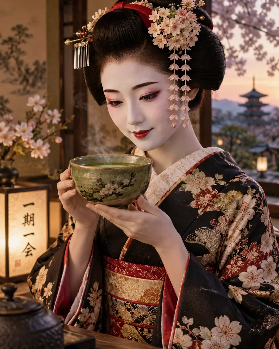 Une geisha tenant une tasse à thé dans un intérieur japonais.