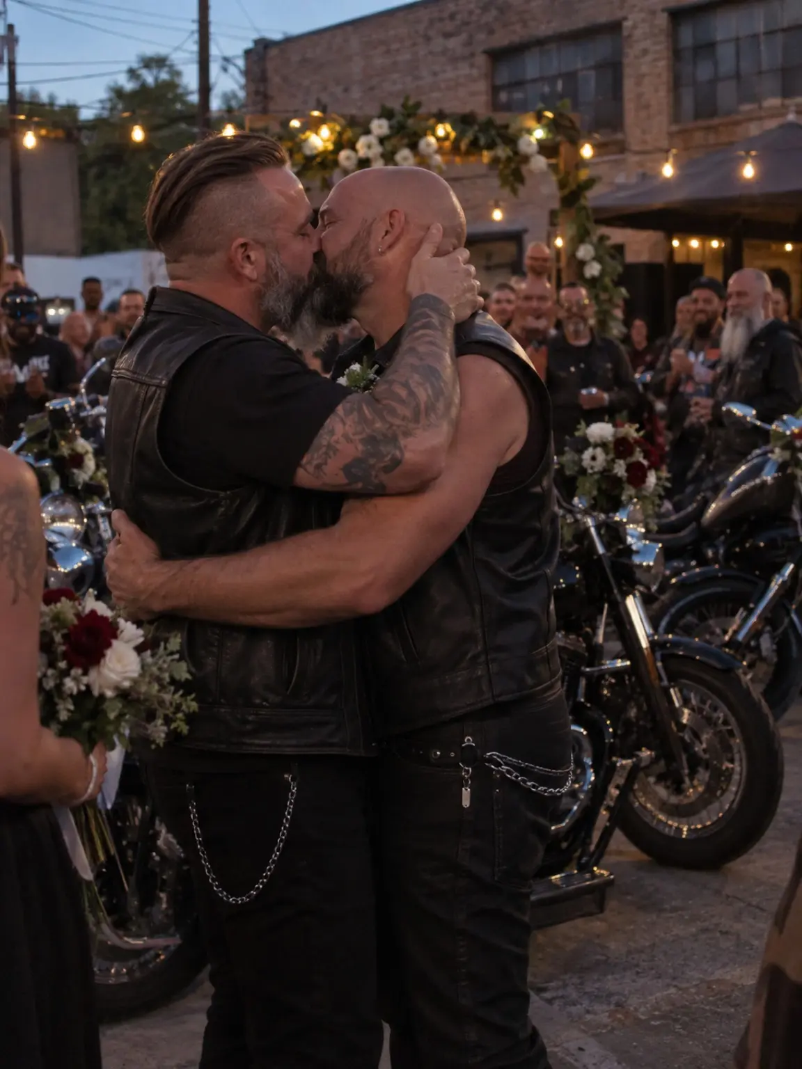 Deux hommes en cuir s’embrassent lors d’un mariage de motards.