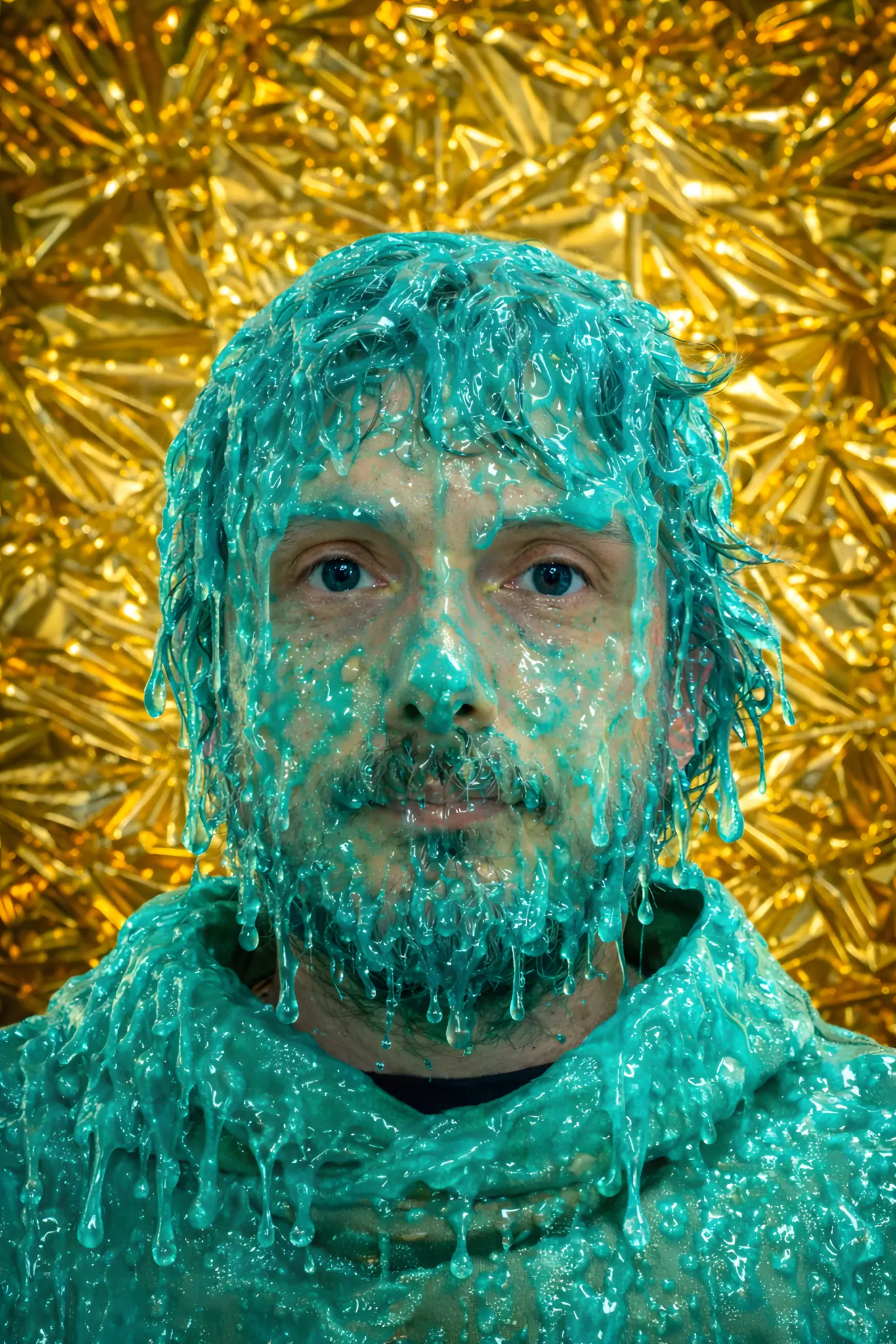 Portrait de M7 recouvert de matière turquoise devant une surface dorée
